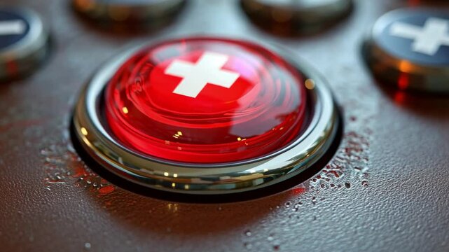 A close-up view of a vibrant red emergency button featuring the Swiss flag symbol. The button is located in a public area, emphasizing its importance for safety and assistance.