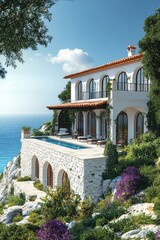 A large house with a pool and a view of the ocean. The house is white and has a red roof