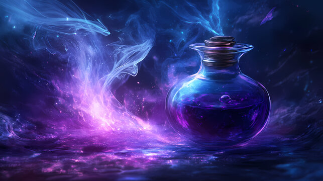 Forced perspective mystical elixir in glowing potion with enigmatic smoke. Mystical. Illustration