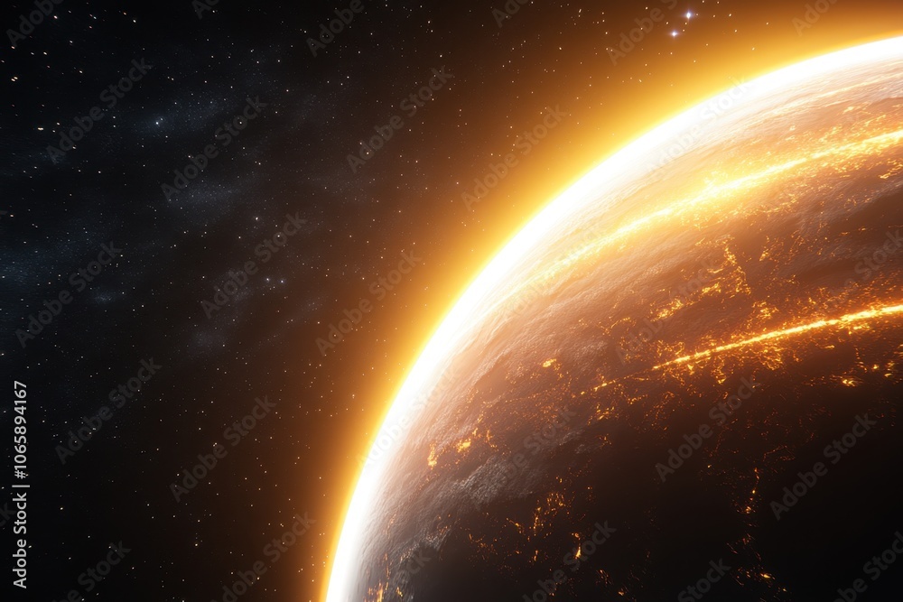 Poster a breathtaking view of a distant planet illuminated by a golden sunset against a starry backdrop