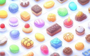 Obraz premium Colorful assortment of delicious desserts displayed on a bright surface, showcasing various shapes and flavors in a delightful arrangement