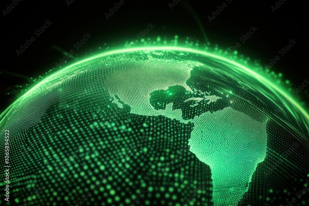 Poster a digital representation of earth showcasing vibrant green data points illuminating the continents