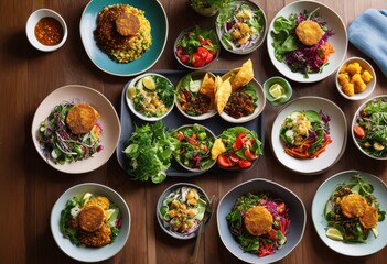 vibrant collection colorful plates displaying array plant based meal options healthy delicious dining experience, dish, food, salad, vegetable, fruit, bean