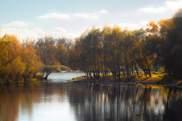 Golden autumn trees lining the riverbank, their reflections creating a symmetrical view on a calm fall day.