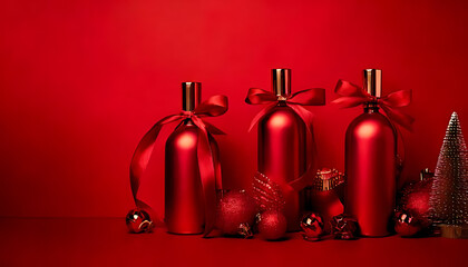 red bottles ribbons decorations promote festive holiday sale beautiful cosmetics red background every year