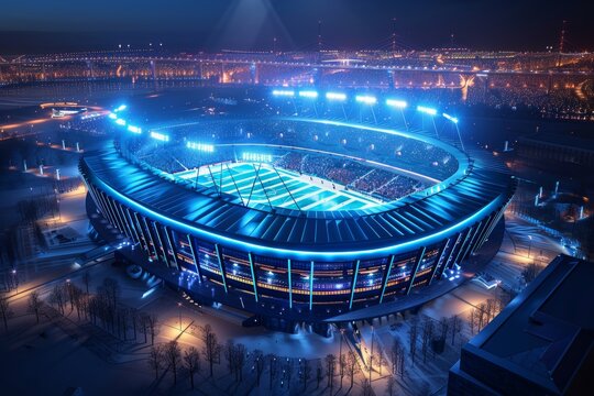 A futuristic football stadium with bright lights, captured in a 3D render at night, showing detailed architecture