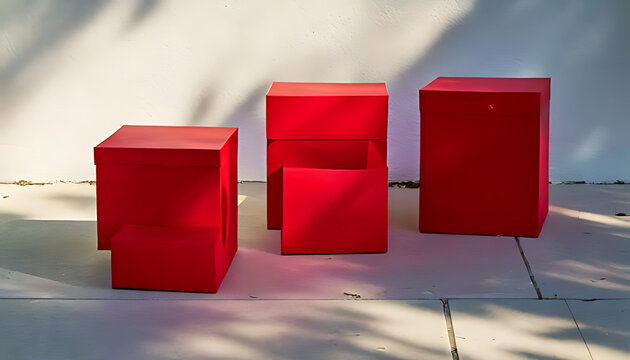 red boxes shaded sunlight white background product display setup outdoors