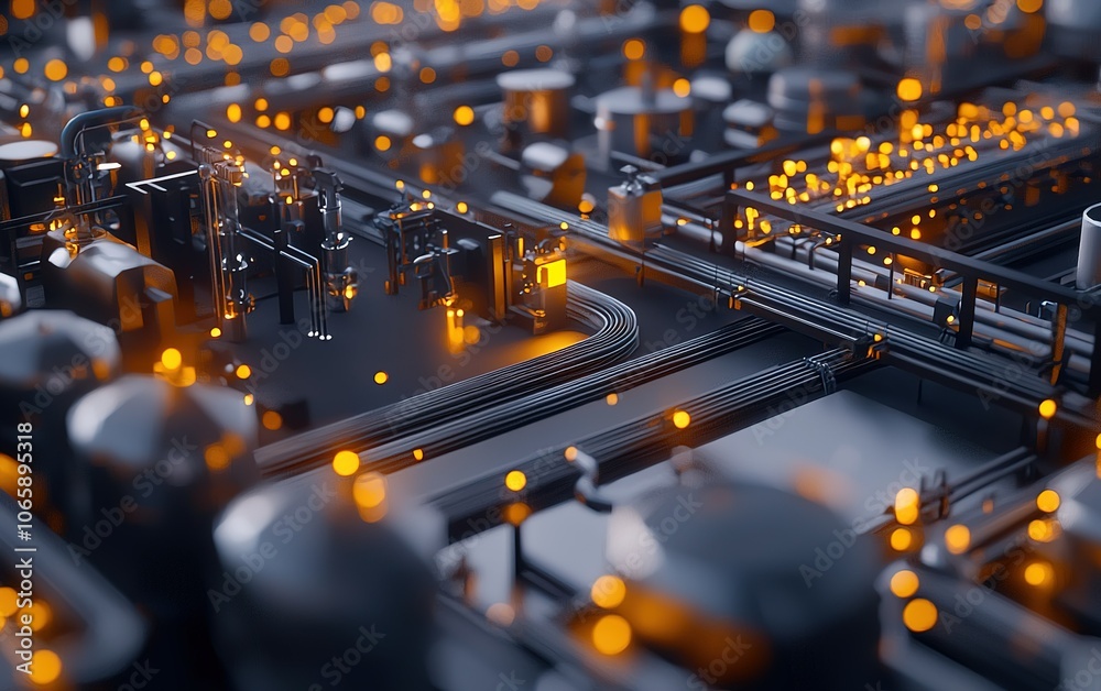 Poster close-up view of a complex circuit board with glowing elements during a technology showcase event at