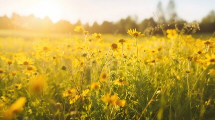 Obraz premium Vibrant Field of Yellow Wildflowers at Sunrise
