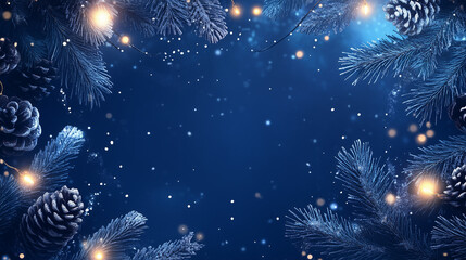 Horizontal Christmas or New Year background frame top view, decorative stars, balls and tree branches over blue navy background. Copy space, place for text