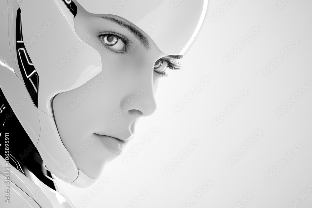 Poster a futuristic robot with human features blends technology in a thoughtful monochrome design