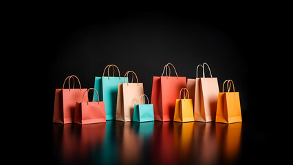 Colorful shopping bags with reflections on a black background. Special sale design for discount days