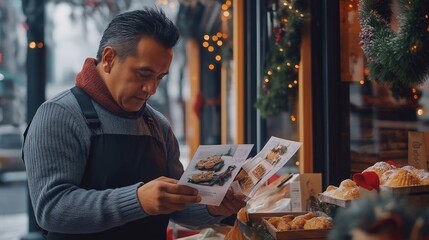 A middle-aged man arranges promotional flyers on a café table, advertising holiday discounts for special Christmas pastries. The café is adorned with small Christmas new year wreaths