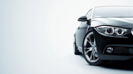 A sleek black car with a shiny wheel, showcasing modern automotive design and elegance.