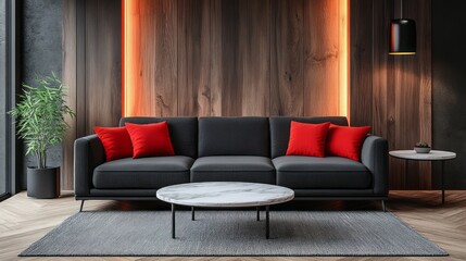 Fototapeta premium Modern Living Room with Black Sofa, Red Pillows, and Marble Coffee Table