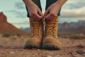 Naklejka premium Person Tying Boots