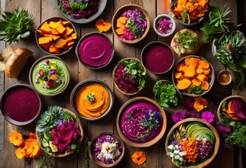 Fototapeta premium vibrant display delicious plant based dishes made from fresh ingredients showcasing flavor color culinary artistry, plates, presentation, herbs, greens