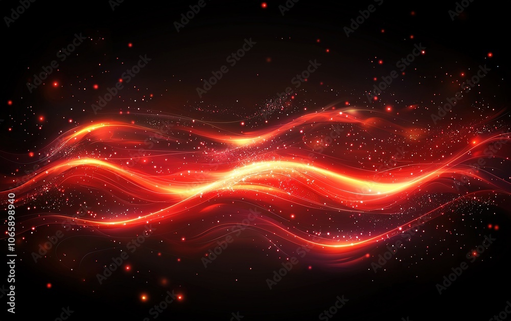 Poster dynamic red wave patterns with sparkling effects on a dark background during a digital art showcase