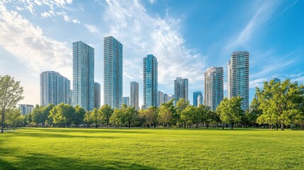 Obraz premium A vibrant city skyline with modern buildings set against a green park and blue sky.