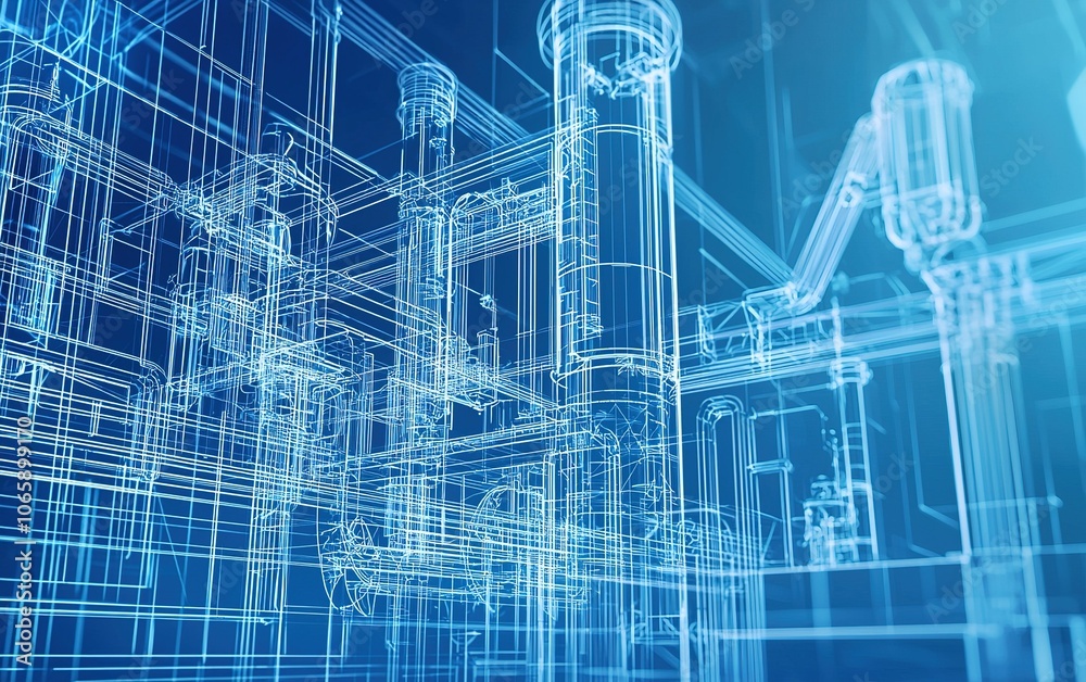 Poster wireframe model showcasing intricate piping systems in an industrial setting using blueprints and di