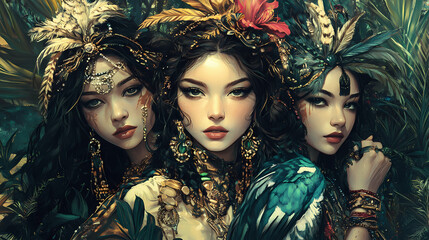 Naklejka premium Jungle-girls. Mystical. Illustration