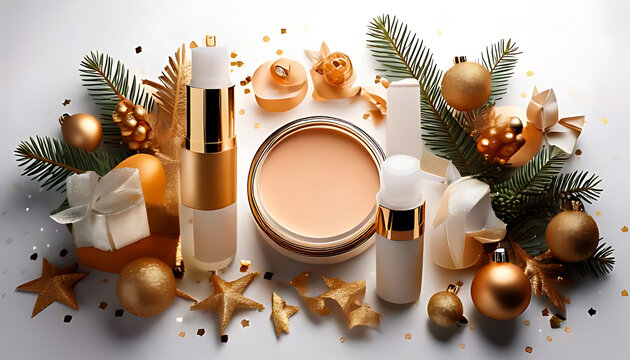 showcase cosmetics festive backdrop featuring decorative white background attractive holiday decorations