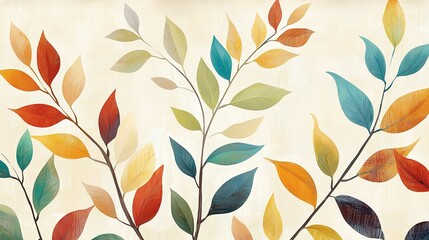 Fototapeta premium Colorful abstract leaves design on cream background showcasing autumn hues and flowing organic shapes in contemporary style
