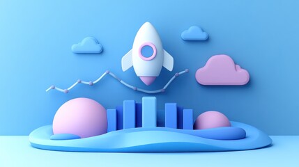 A white rocket soaring above blue and pink 3D bar graphs and a rising line graph on a blue background.
