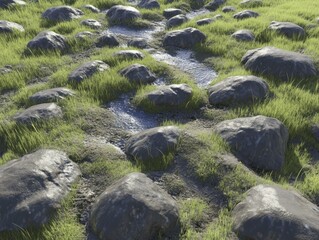 Stone Path Through Lush Green Grass