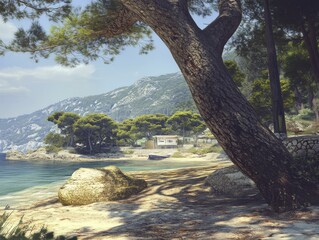 Serene Mediterranean Beach with Pine Trees and Blue Waters