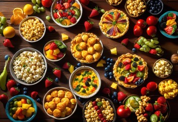 colorful variety snacks arranged aesthetically rustic wooden table top creating delicious culinary display, cheese, cracker, dip, platter, fruit, vegetable