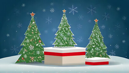 Fototapeta premium snowflakes christmas trees adorn pedestal exhibition stand festive vector illustration small christmas square podium