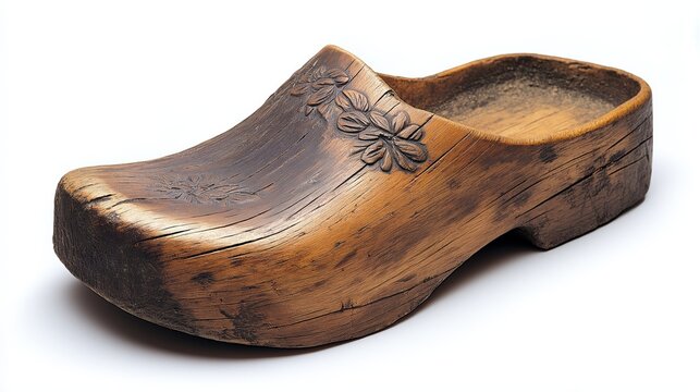Traditional wooden clog with intricate floral carvings, reflecting craftsmanship, culture, and the art of wooden shoe making, Generative AI