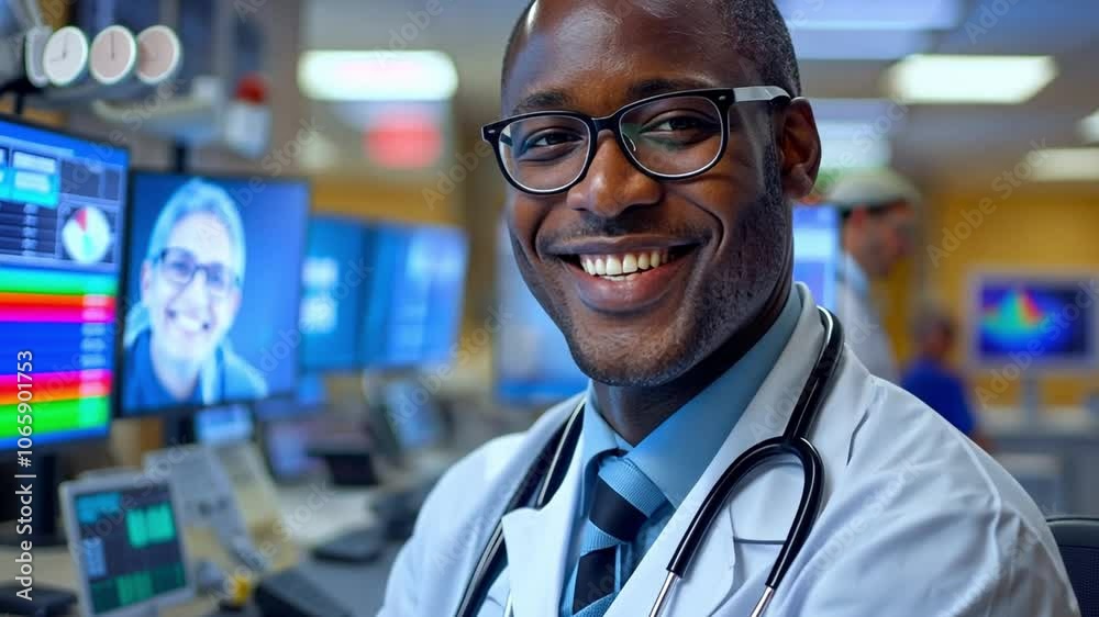 Poster a doctor in a white coat and stethoscope smiles confidently, while surrounded by advanced medical eq