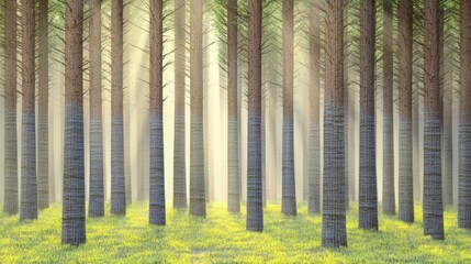 Obraz premium Sunbeams Through a Misty Forest: A Tranquil Woodland Scene