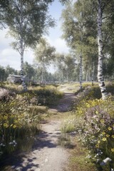 Fototapeta premium Serene Forest Path with Wildflowers and Birch Trees