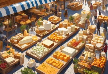 Fototapeta premium vibrant marketplace display fresh dairy products colorful arrangement abundant variety, artisanal, basket, butter, comfort, community, cream, delight, flavored