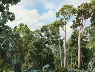 Lush Green Forest Landscape with Tall Trees and Sunlight