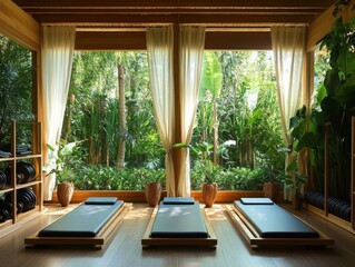 Fototapeta premium Three beds are in a room with curtains. The curtains are white. There are plants in the room