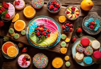 vibrant flat lay assorted colorful desserts featuring candies dynamic arrangement rustic wooden table, brownie, cheesecake, cupcake, tart, mousse, cake