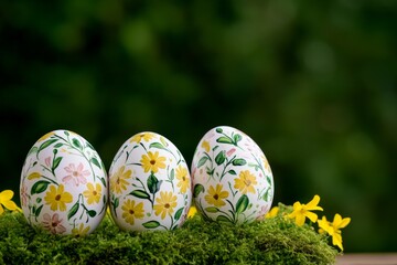 Hand-painted Easter eggs with floral designs on a wooden table decorated with yellow flowers and green moss