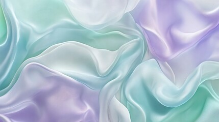 Obraz premium Soft, flowing pastel silk fabric draped elegantly with subtle hues of lavender, mint green, and white, creating a serene texture background