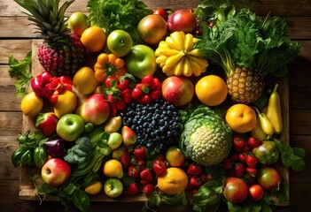 vibrant colorful arrangement organic produce natural setting fresh fruits vegetables, assortment, bright, crops, cultivate, cultivated, cuisine, display