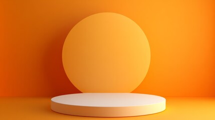 3D Rendered Minimalistic Podium Stage against Orange background. Sun shaped background