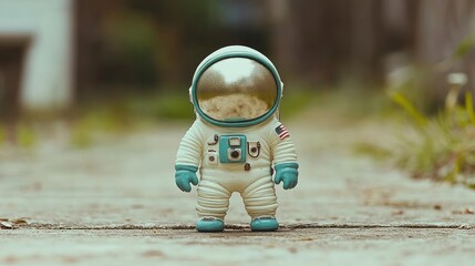 A small astronaut figurine stands on a concrete path, facing the camera.