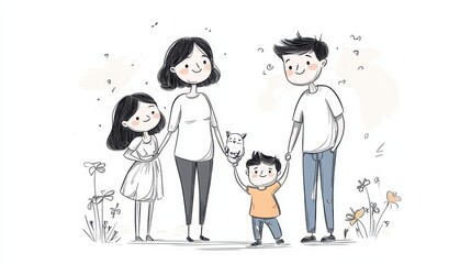 A cheerful family illustration featuring a mother, father, daughter, and son engaged in a loving moment outdoors surrounded by flowers.