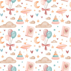Vector watercolor childish seamless boho pattern with toys and balloons