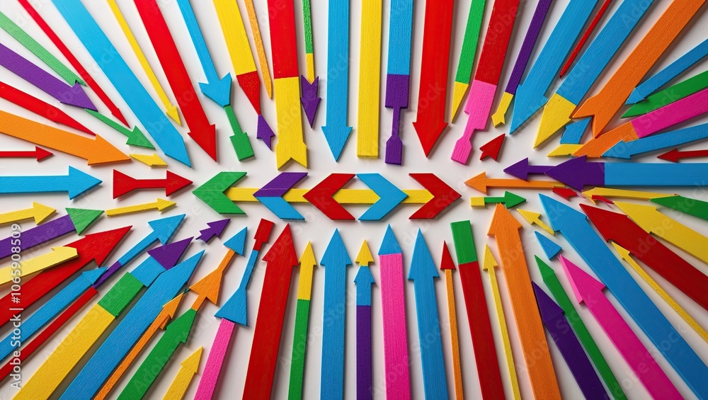Poster vibrant angular arrows radiating energy in a rainbow of colors on a striking white background