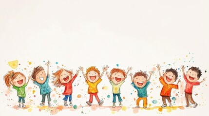 Fototapeta premium A colorful illustration showing joyful children celebrating together, raising their hands in excitement and surrounded by splashes of paint.
