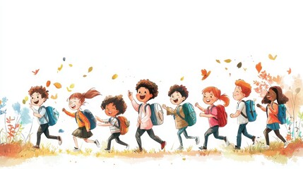Obraz premium A colorful illustration of joyful children walking together, with backpacks and leaves falling around them, capturing a spirit of adventure and friendship.